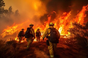 Fototapeta premium Firefighters extinguish a fire in the forest. Firefighters fighting a fire, Firefighter trying to prevent the spread of natural disaster, AI Generated