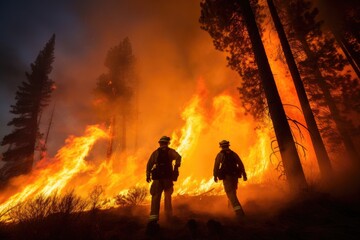 Fototapeta premium Firefighters fighting a fire in the forest. Firefighters fighting a fire, Firefighter trying to prevent the spread of natural disaster, AI Generated