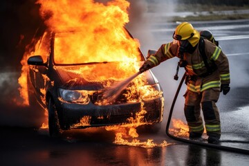 Firefighters extinguish a fire in a car on the road, fireman using water and extinguisher to fighting with fire flame in accident car on the wayside road, AI Generated