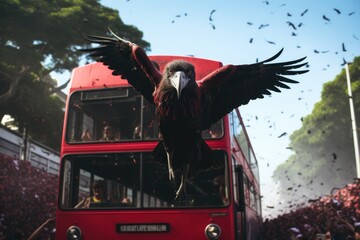 Red double decker bus in Kuala Lumpur, Flamengo fans following their bus. Huge vulture, AI Generated - obrazy, fototapety, plakaty