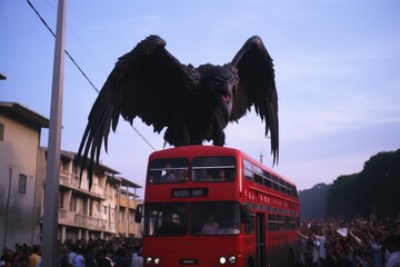 Tourist bus on the street of Barcelona, Flamengo fans following their bus. Huge vulture, AI Generated - obrazy, fototapety, plakaty