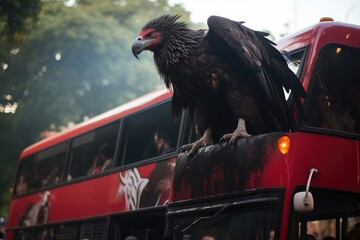 A big black eagle in front of a red bus, Flamengo fans following their bus. Huge vulture, AI Generated