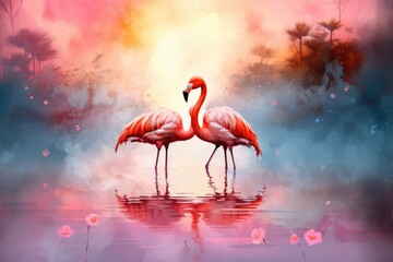 Two flamingos in the water. Digital painting. 3d rendering, Flamingos watercolor painting, AI Generated