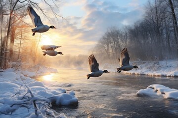 Snowy winter landscape with frozen river and flying geese at sunset, Flock of wild ducks flying over frozen river. Wildlife in winter season, AI Generated - Powered by Adobe