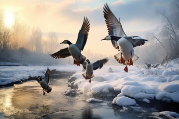 Flock of geese flying over a frozen river in winter, Flock of wild ducks flying over frozen river. Wildlife in winter season, AI Generated