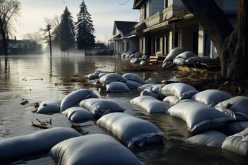 Pile of sandbags in the flood. Flooding the city, Flood Protection Sandbags with flooded homes in the background, AI Generated - obrazy, fototapety, plakaty