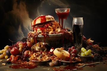 Obraz na płótnie Canvas Hamburger with wine, grapes, cheese and bread on a black background, food getting wasted , AI Generated