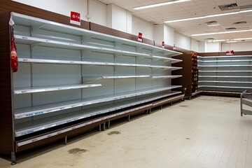 Interior of a modern supermarket with shelves and shelves for sale, Food shortage in a generic supermarket. Empty shelves, AI Generated