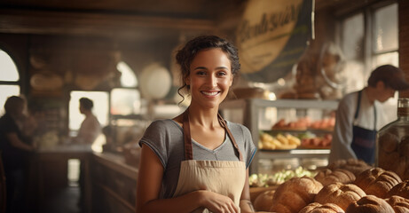 Smiling saleswoman working at a bakery.  - obrazy, fototapety, plakaty