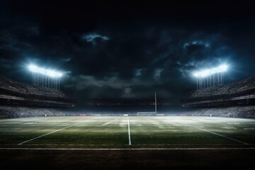 Empty soccer stadium at night with lights and smoke. 3D rendering, Football field illuminated by...