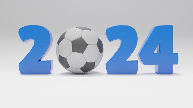 3d rendering, the date of the new year 2024 and a soccer ball. 3d illustration of sporting successes and victories in the new year 2024.
