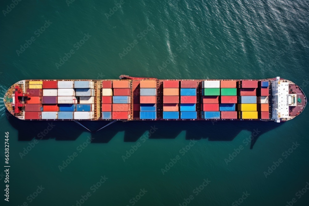 Poster container cargo freight ship with working crane bridge for logistic import export background, four c