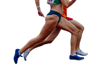 unseeing female runner running together with guide sprint at stadium isolated on transparent background