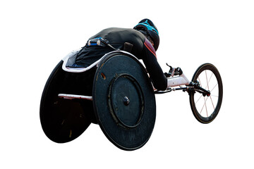 rear view para athlete in wheelchair racing riding on red track stadium isolated on transparent...