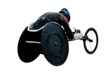 rear view para athlete in wheelchair racing riding on red track stadium isolated on transparent background