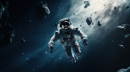 close shot, an astronaut floating, alone in space, stars in bacground