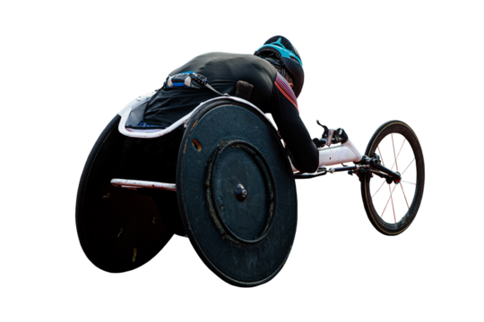 rear view para athlete in wheelchair racing riding on red track stadium isolated on transparent background