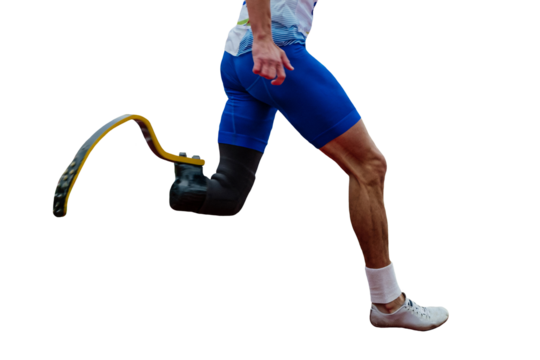 male runner para-athlete on prosthesis running track stadium, isolated on transparent background