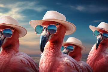 Flamingos wearing sunglasses and a hat on the beach - obrazy, fototapety, plakaty