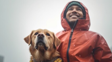A cheerful man in a vibrant raincoat strikes a pose with his dog, both enjoying the rain on a cloudy day. - obrazy, fototapety, plakaty