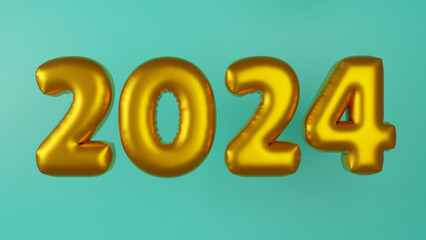 3d rendering of golden air balloons of numbers. New Year's date 2024. New Year's illustration for postcards, banners and other New Year's compositions.