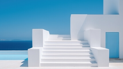 white steps, beautiful views of the ocean, geometry-inspired, mediterranean, pop