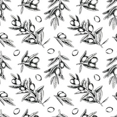 Olive branches, leaves and fruits. Seamless pattern. Hand draw illustration in sketch style. Engraving. Background for fabric, packaging paper, scrapbooking, product packaging design