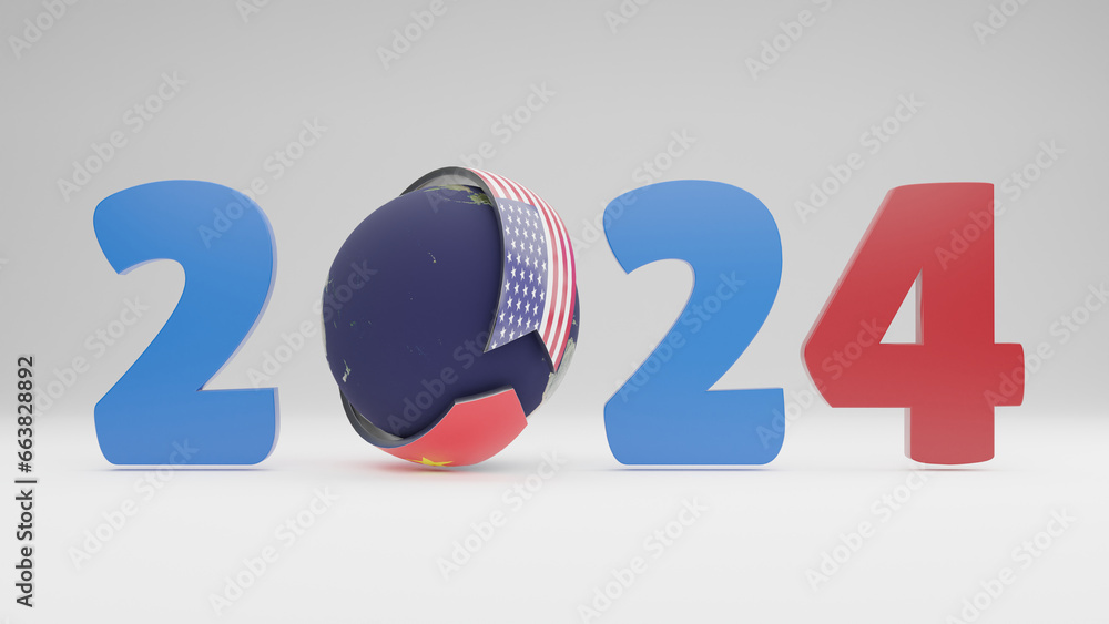 Poster 3d rendering of the date 2024 and the planet earth around which the arrows with the flag of the usa 