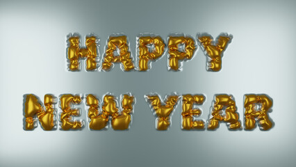 3d rendering of text on a metal surface. Platinum surface with gold text: Happy New Year. New Year 3d illustration. The text is formed by swelling, irregularity, bubbles of gold.