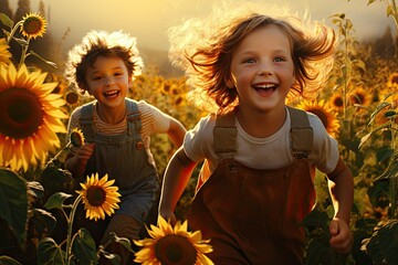 Cheerful Children in Sunflower Field