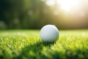 Obraz premium Golf ball on green grass with bokeh background, closeup
