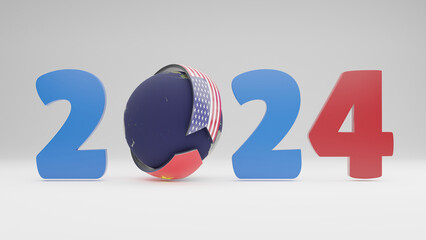 3d rendering of the date 2024 and the planet Earth around which the arrows with the flag of the USA and China are moving. The idea of economic and political competition and confrontation. - obrazy, fototapety, plakaty