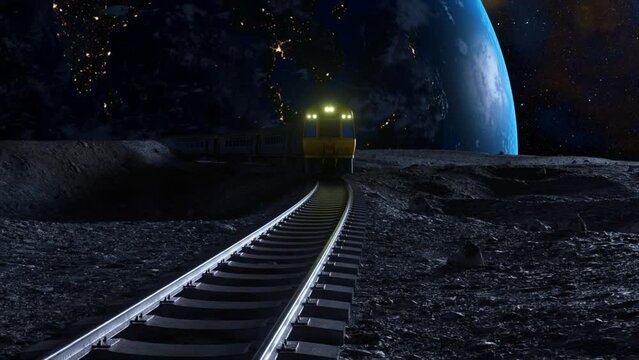 A cosmic train travels along rails on a moon surface with a view of a brightly illuminated Earth planet and a starry night sky. City lights glow from the dark side of the planet. 3D animation