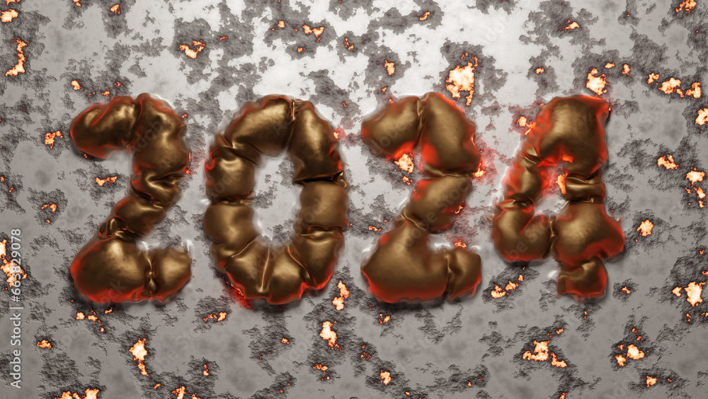 Poster 3d rendering of the date of the new year 2024 on a metal surface.
