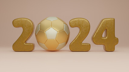 3d rendering of the date of the new year 2024 made of gold and a golden soccer ball. The idea of sporting success in the new year