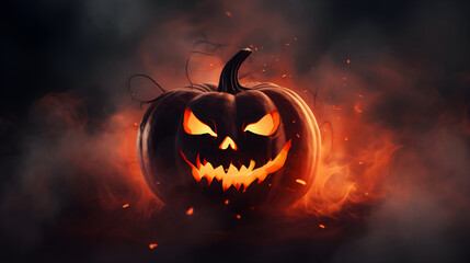 Fototapeta premium Halloween pumpkin in fire, Halloween wallpaper, horror greeting card, halloween celebration. AI Generated.