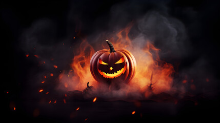 Halloween pumpkin in fire, Halloween wallpaper, horror greeting card, halloween celebration. AI Generated.
