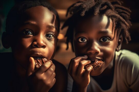 Black children eating chocolate. Hungry little kids with sweet cocoa dessert. Generate ai