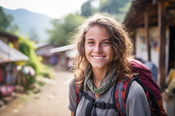 Fototapeta premium Young woman smiling in jacket and backpack walking through the village