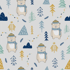 Christmas seamless repeat pattern with, bear, christmas trees, branches in scandinavian style in blue, yellow and natural color. Perfect for Winter wrapping, merry christmas holiday decoration.