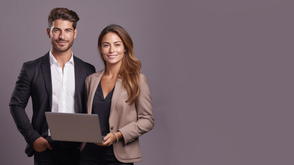 Multiracial pair of businesspeople holding laptop computer
