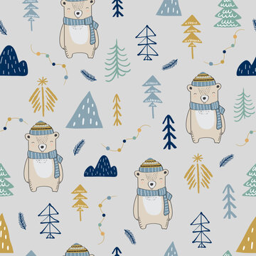 Christmas seamless repeat pattern with, bear, christmas trees, branches in scandinavian style in blue, yellow and natural color. Perfect for Winter wrapping, merry christmas holiday decoration.