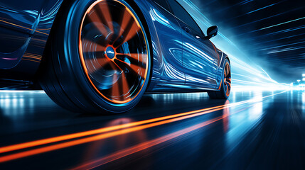 High-speed sports car wheel in motion with blue neon light - obrazy, fototapety, plakaty