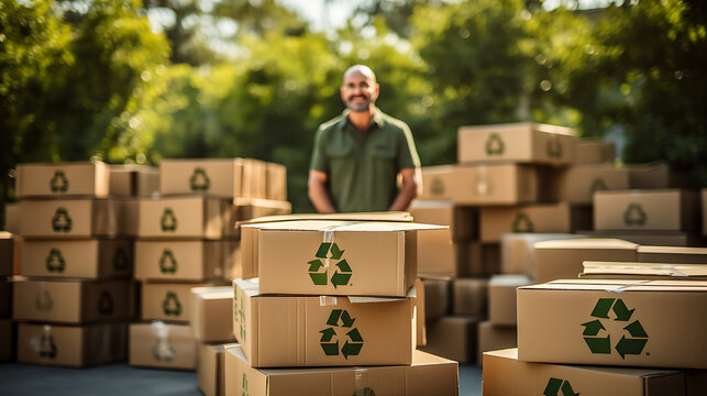 Recycled Cardboard Moving Boxes with Recycle Logo on White Background