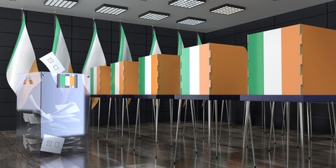 Ireland - polling station with voting booths and ballot box - election concept - 3D illustration