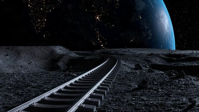 Railway tracks extend across a barren lunar landscape with a detailed view of a brilliantly illuminated Earth planet displaying city lights, set against a vast starry sky. 3D animation