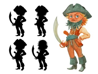 Fototapeta premium Pirate boy. Find the shadow game. Isolated watercolor illustration. Clipart