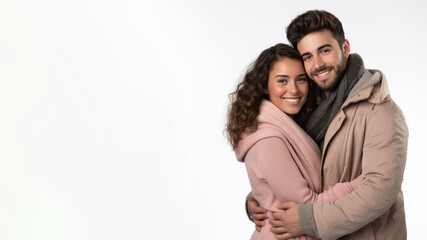 Couple Romantic standing side by side and hugging, isolated on white