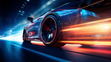 High-speed Sports Car Wheel in Motion with Blue Neon Light - Powered by Adobe