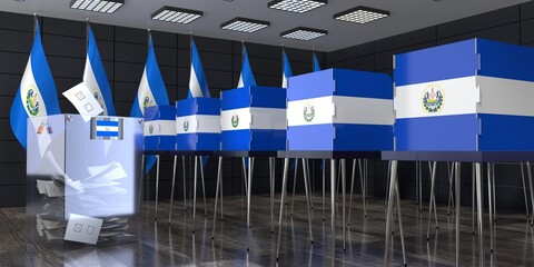 El Salvador - polling station with voting booths and ballot box - election concept - 3D illustration